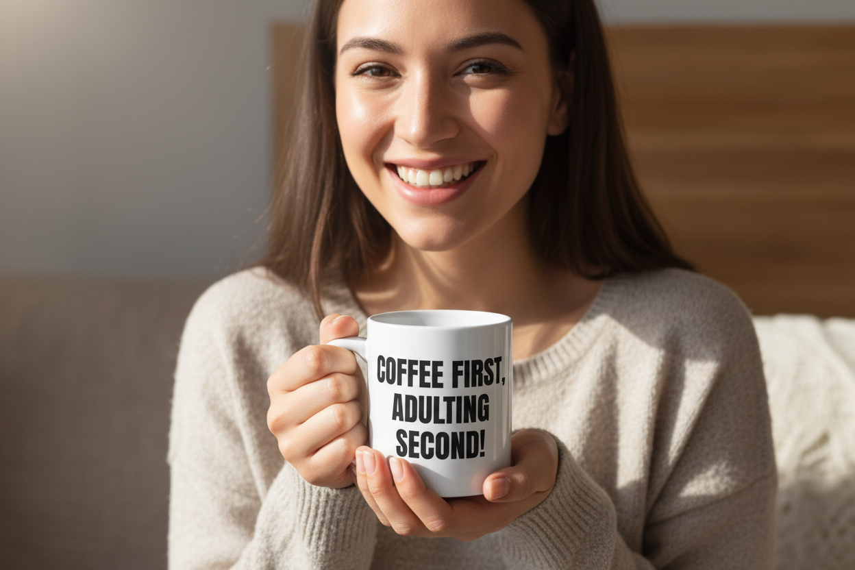 Person smiling with adulting mug