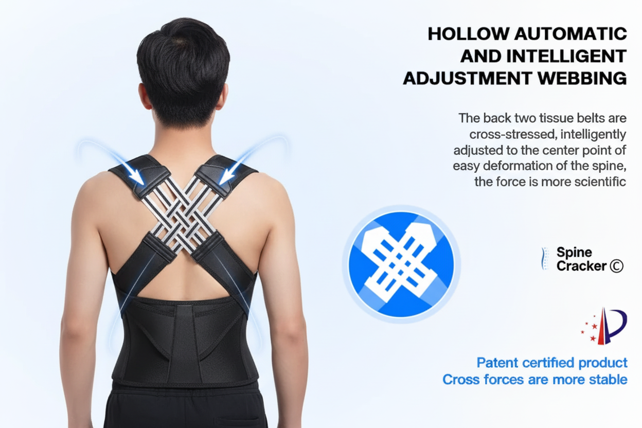 Black posture corrector back brace with hollow automatic intelligent adjustment webbing system and cross-strap design for spine support