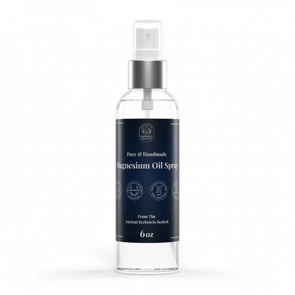 Clear magnesium oil spray bottle with a dark label on a white background