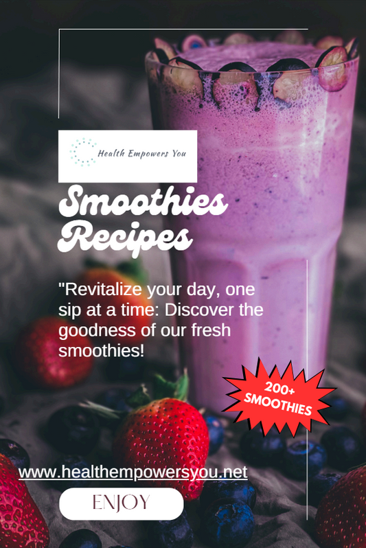 Promotional image for a smoothie recipe guide, featuring a glass of smoothie with fruits, and text that highlights the guide's content and a '200 recipes' badge.