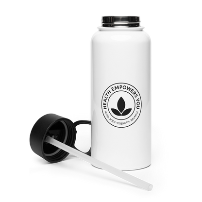 White water bottle with black lid and straw, featuring a health empowerment logo on a white background.