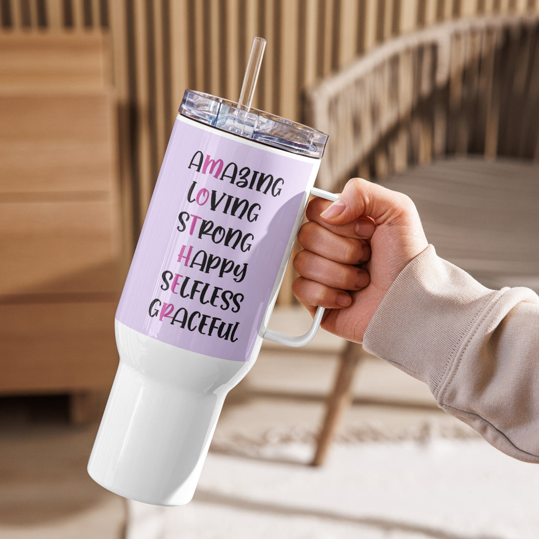 Funny mom travel mug white with handle right view