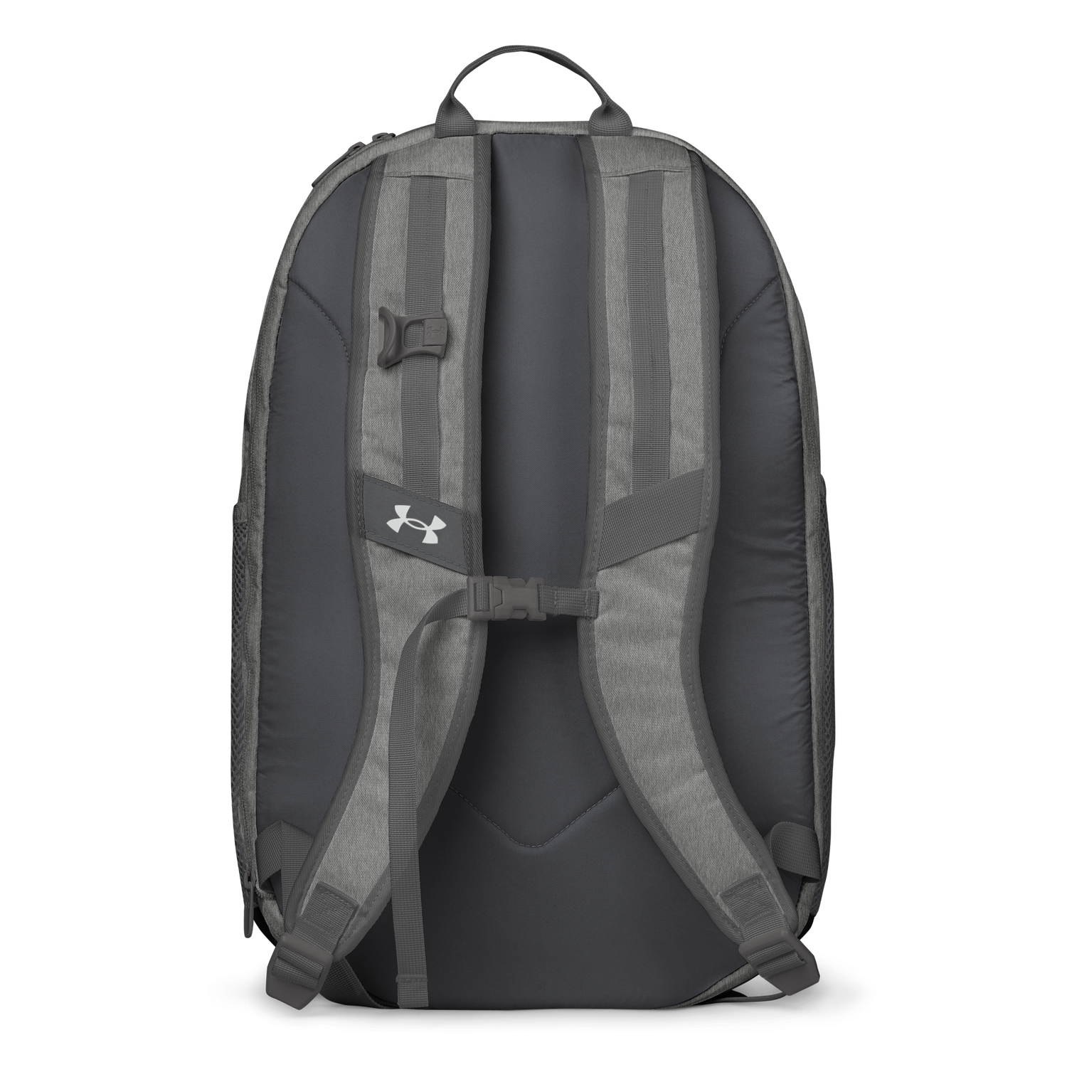 Gray backpack with Under Armour logo on a white background