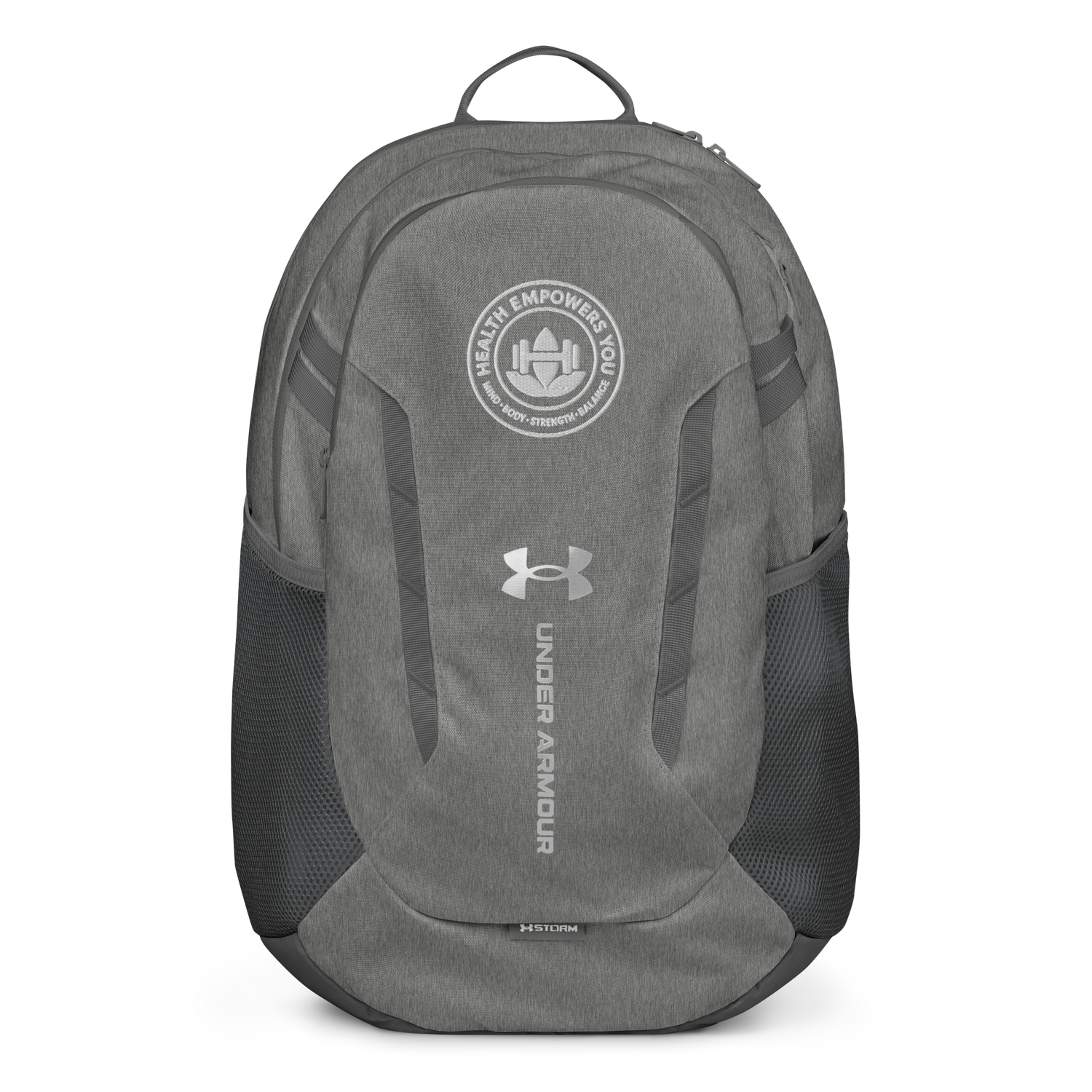Gray backpack with Under Armour logo on a white background
