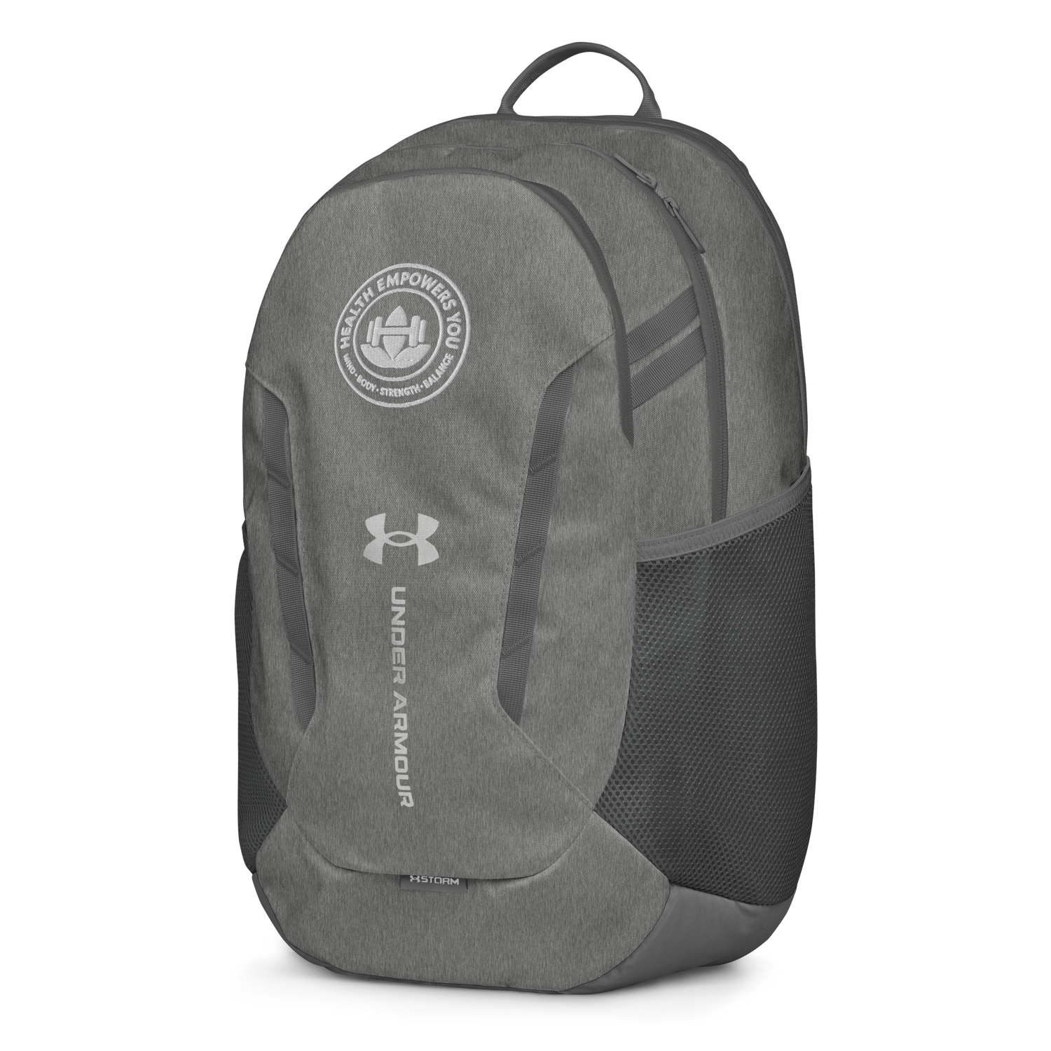 Gray backpack with Under Armour logo on a white background