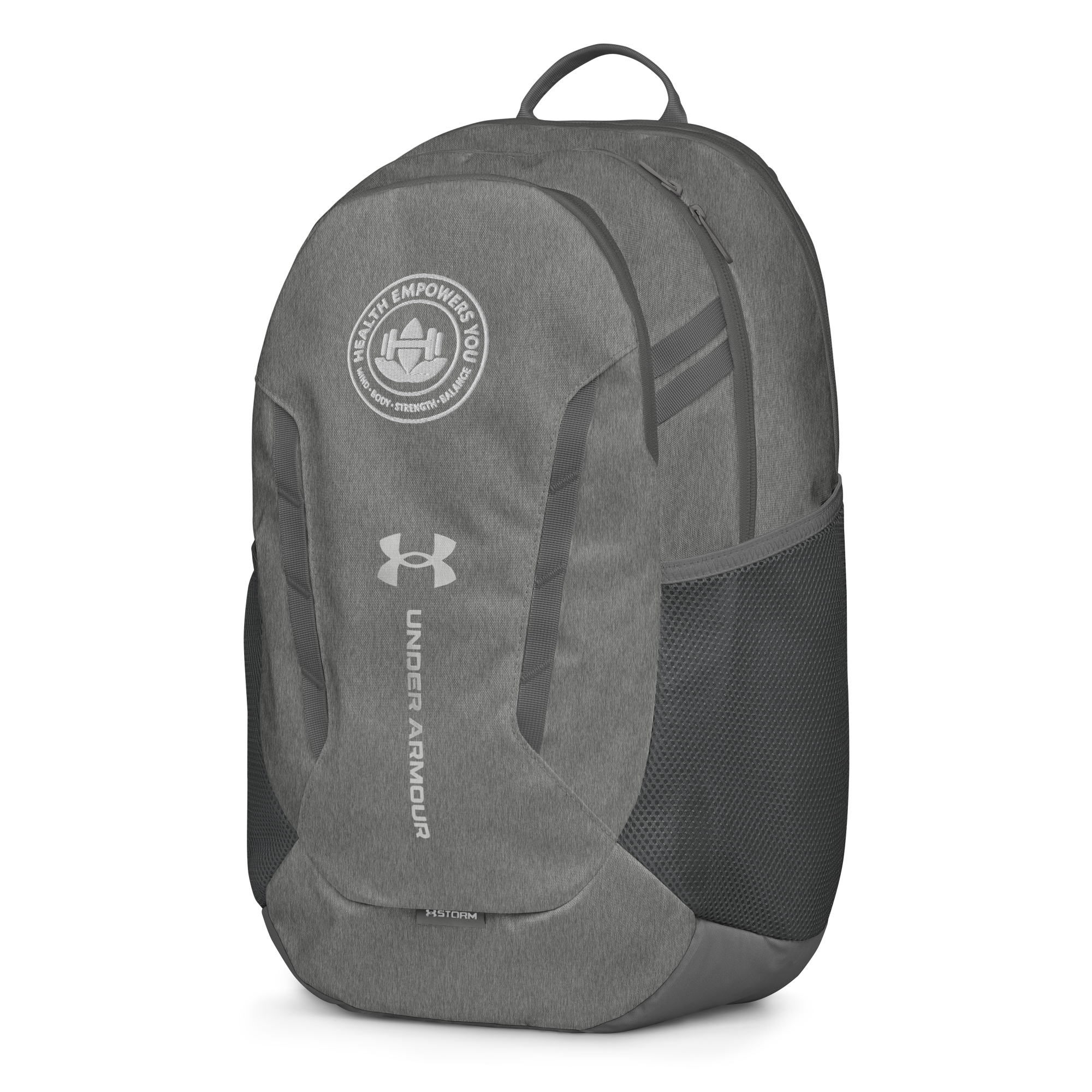 Gray backpack with Under Armour logo on a white background