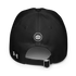 Black cap with a logo on the back against a white background