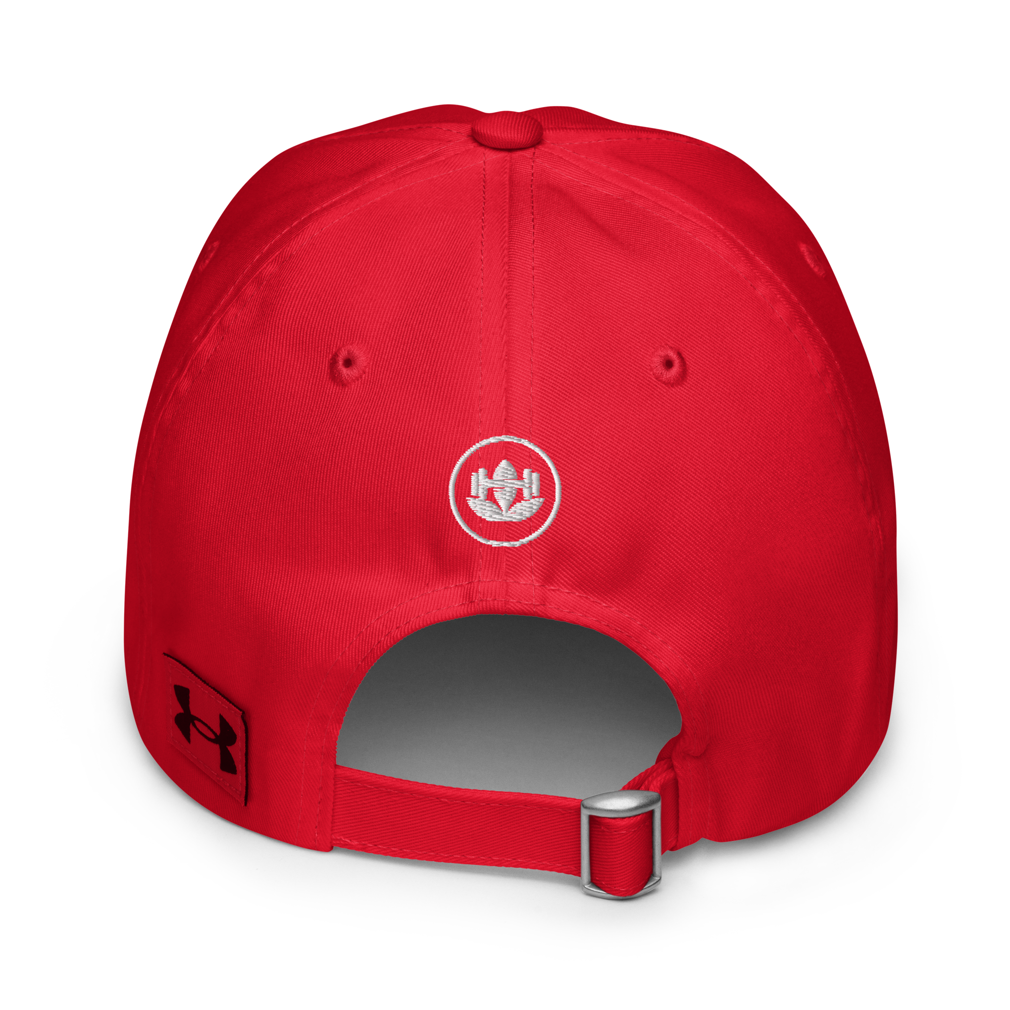 Red cap with a logo on the back against a white background