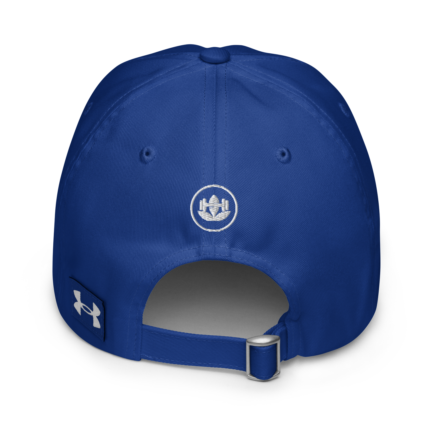 Blue cap with a logo on the back against a white background