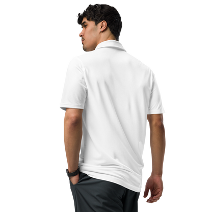 Man wearing a white polo shirt on a white background