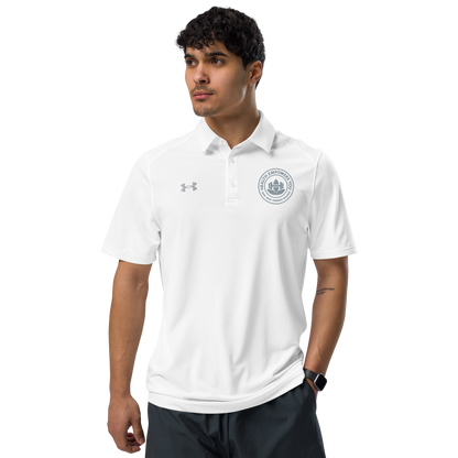 Man wearing a white polo shirt with a logo on a white background