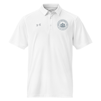 White polo shirt with a logo on a white background