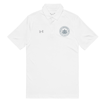 White polo shirt with a logo on a white background