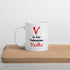 A white ceramic mug with &