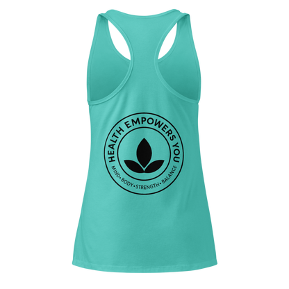 Turquoise tank top with 'Health Empowers You' graphic on a white background