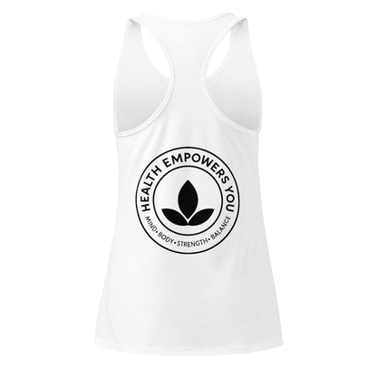 White tank top with 'Health Empowers You' logo on a white background