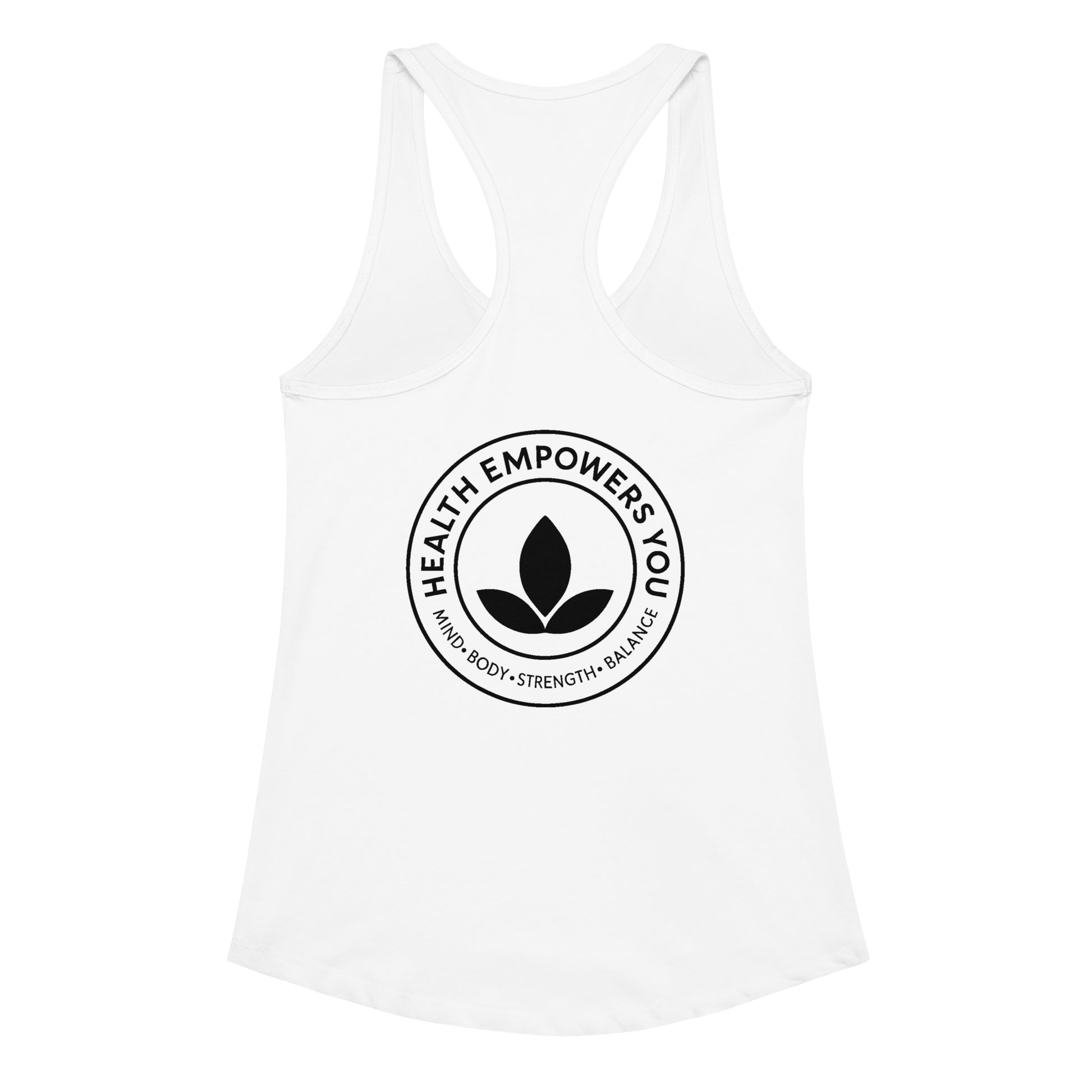 White tank top with 'Health Empowers You' logo on a white background