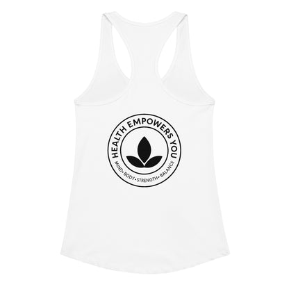 White tank top with 'Health Empowers You' logo on a white background